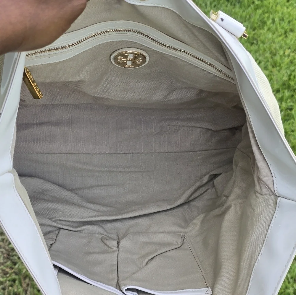 Tory Burch Jane Beige Canvas Tote Leather Purse Handbag Satchel Tan White Logo